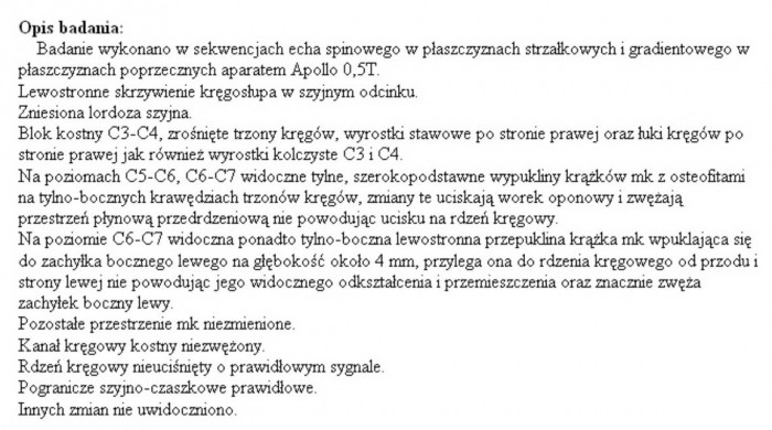 opinia z MRI odcinka szyjnego.